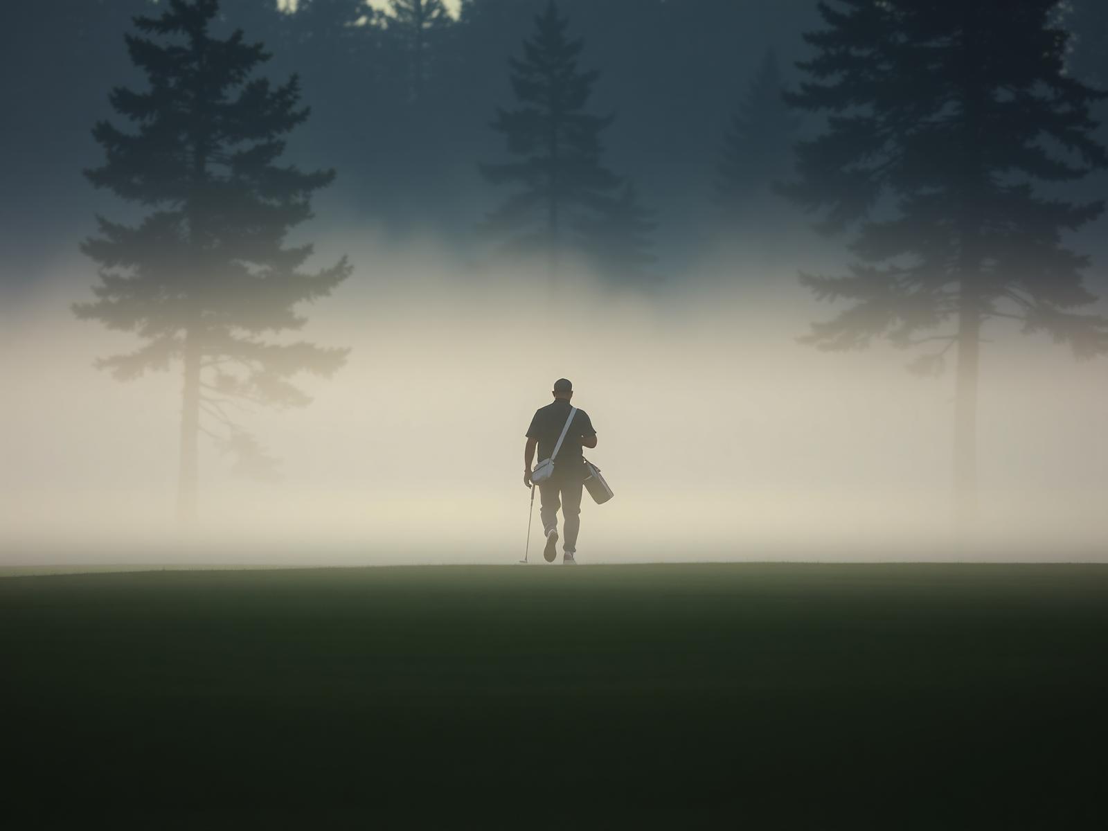 Svensk golfbana i dimmigt morgonljus